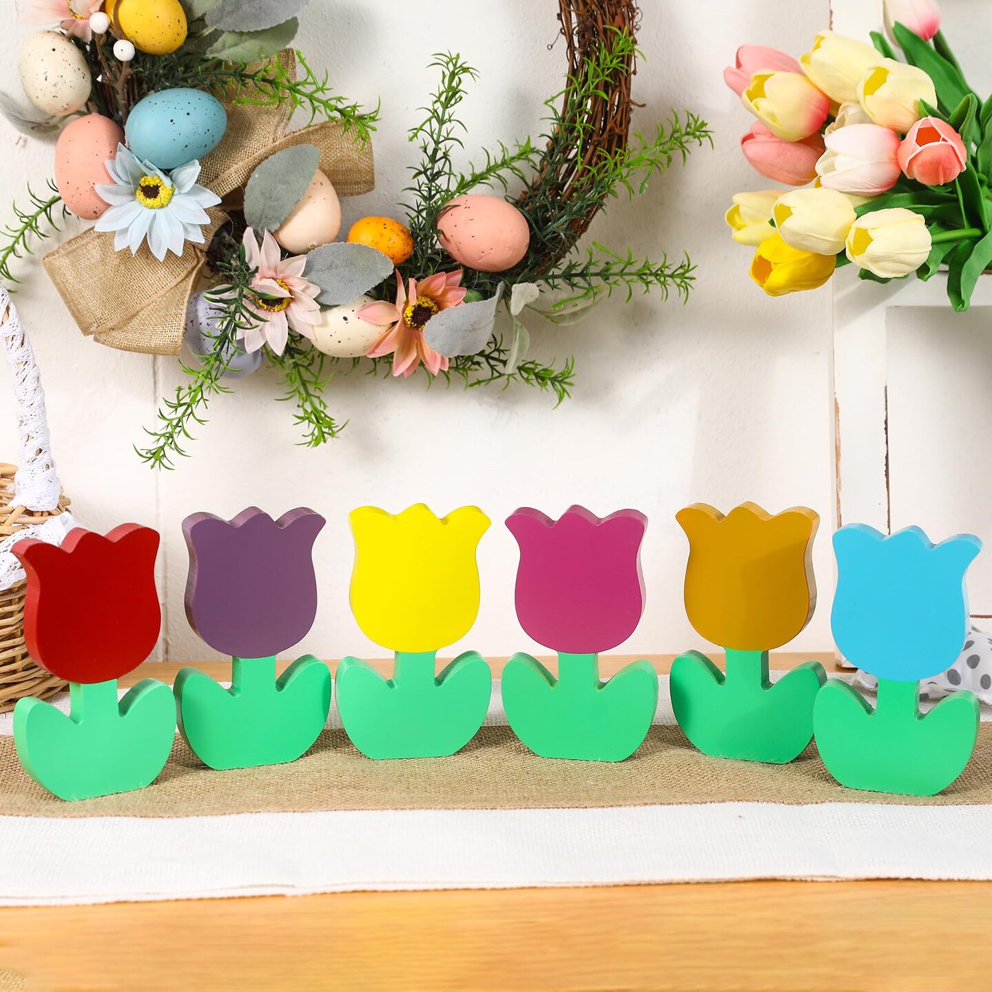 Spring Decorations for Home-6Pcs Wooden Tulips Flowers -Spring Decor Farmhouse Tulip Signs for Home Easter Rustic Shelf Mantel Tiered Tray Tabletop Windowsill Decor