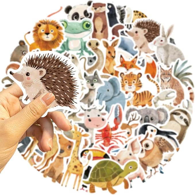 50 Pcs Cute Animal Stickers for Kids, Waterproof Vinyl Zoo/Farm/Sea/Wild Animals Decals for Water Bottle, Laptop, Scrapbook, Silly Mammals Reptiles Birds Fish