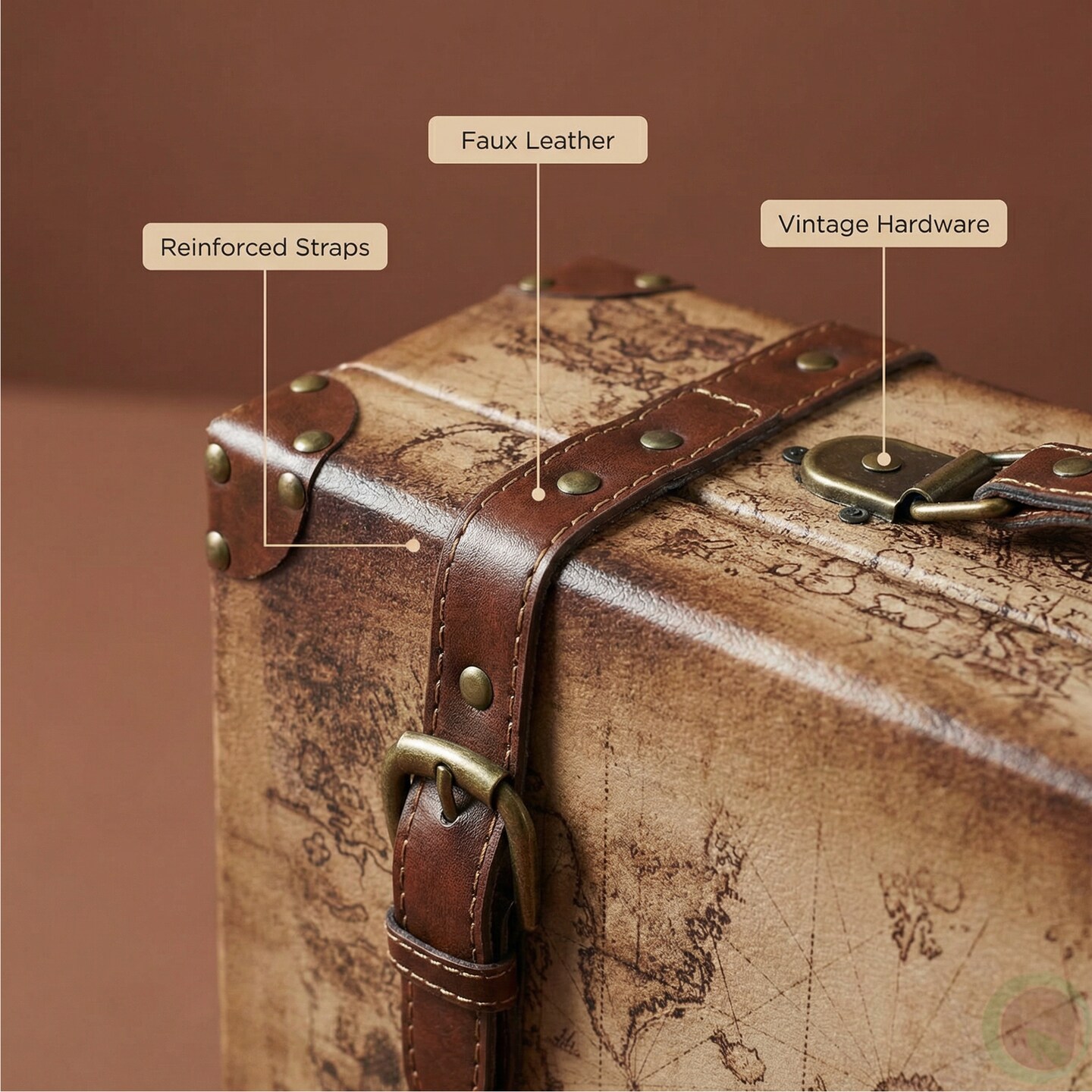 Old World Map Leather Vintage Style Suitcase with Straps, Set of 2