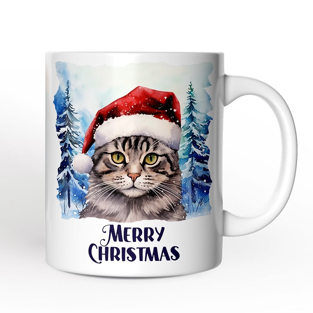 Tabby Cat with Santa Hat Mug, Winter Forest Christmas Gift