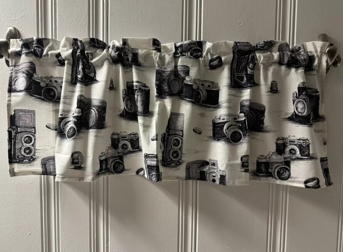 product name is Vintage Camera Valance or Curtain Panel kitchen window treatment RV Camper