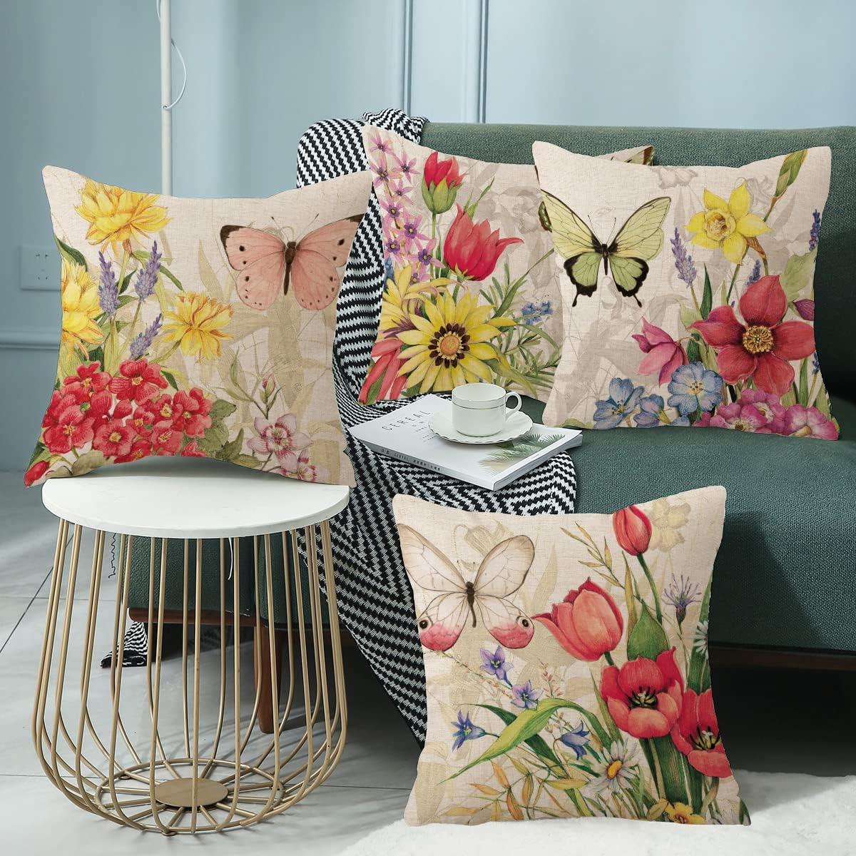 Throw Pillow Covers 16x16 Set of 4 Decorative Spring Pillow Covers Linen Flower Butterfly Farmhouse Pillowcases for Sofa Couch Living Room Outdoor (16&#x22; x 16&#x22;)