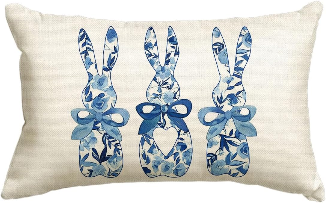 Easter Blue and White Porcelain Color Bunny Throw Pillow Cover, 12 x 20 Inch Flowers Cushion Case Decoration for Sofa Couch