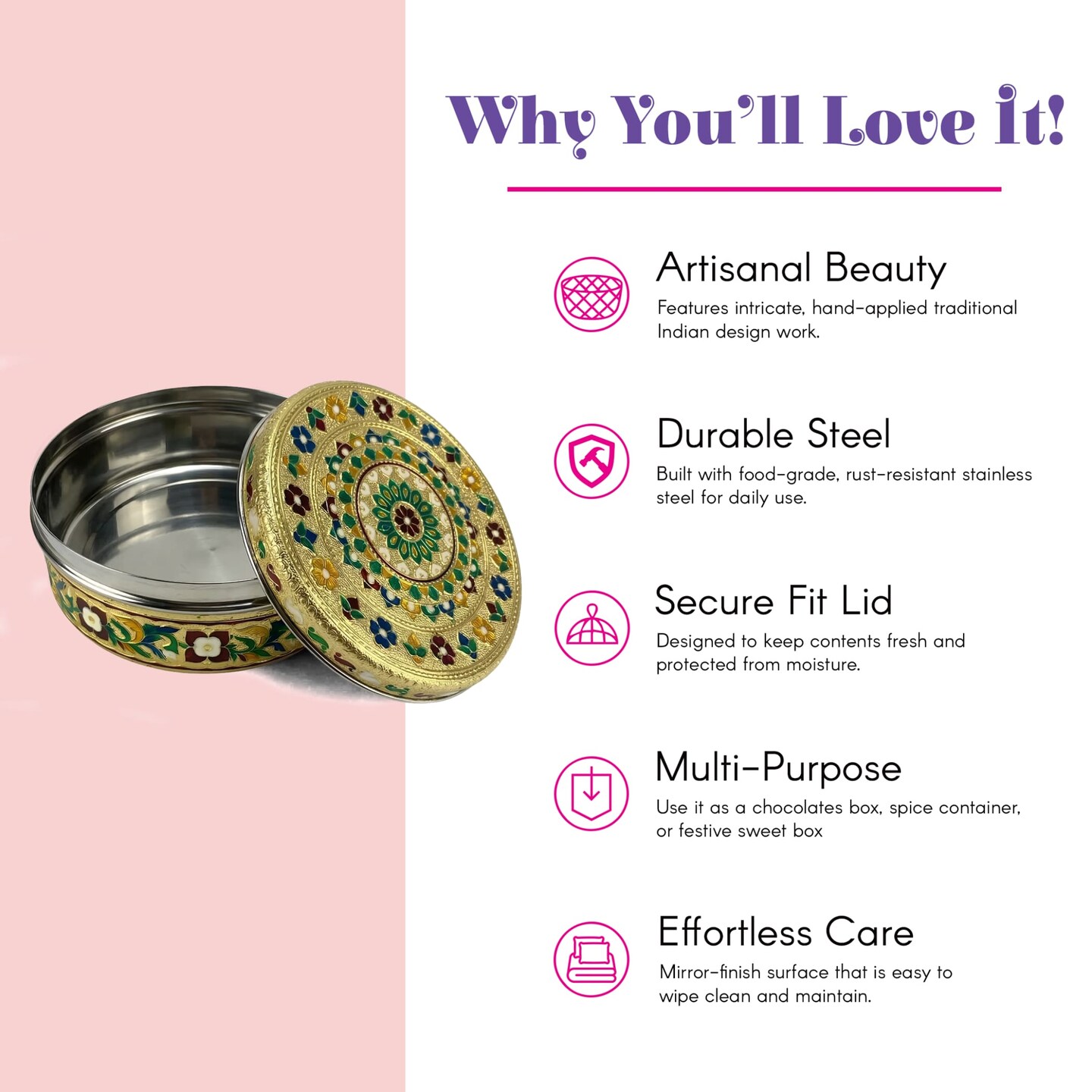 7.5 Inches Decorative Roti Papad Box Stainless Steel Small Sweet Storage Box Meenakari Container Laddu Box Spice Storage Unique Multipurpose Box Gift for Guest