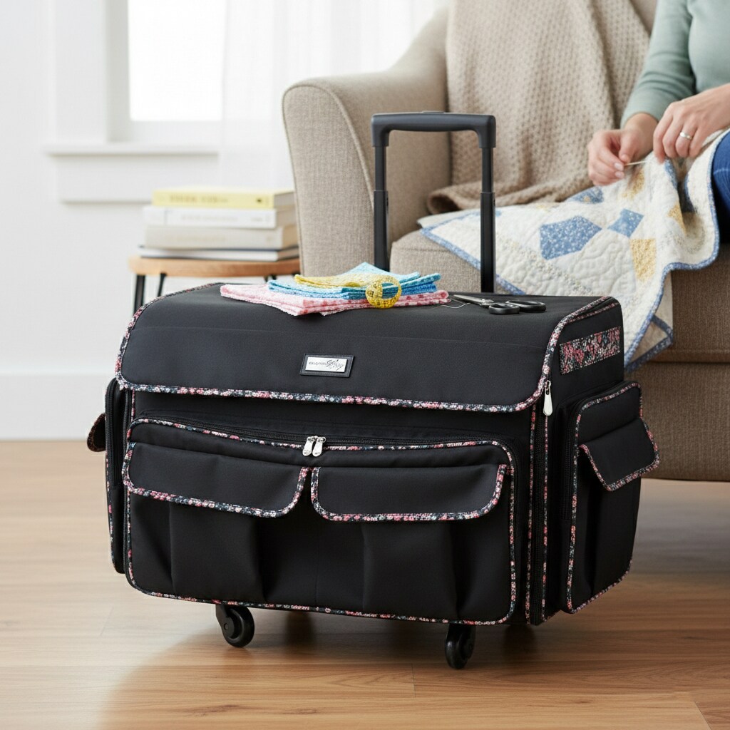 Everything Mary XXL 4 Wheel Collapsible Rolling Sewing Machine Storage Case, Black Floral