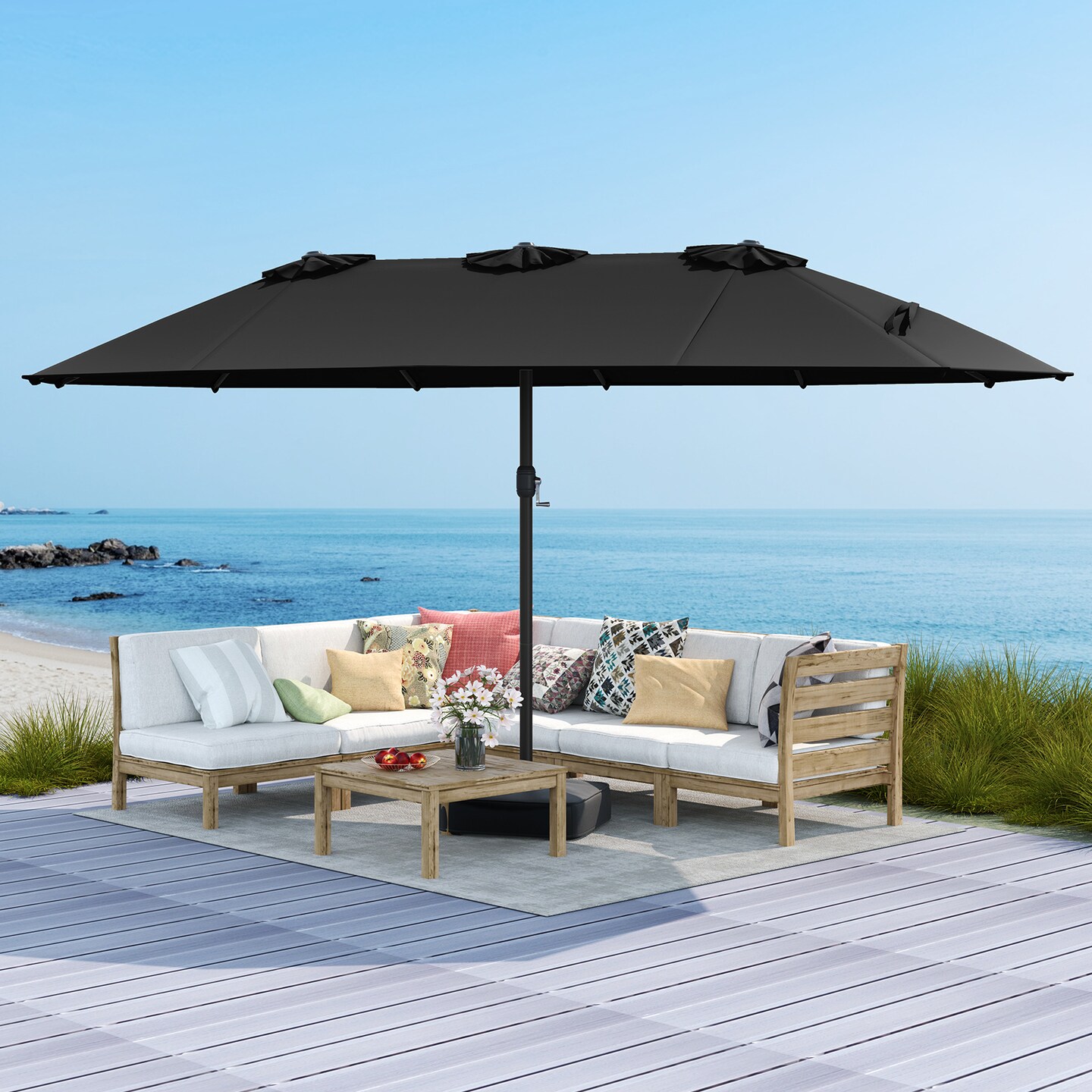 Large Outdoor 15 Feet Umbrella with Double Canopy and Air Vents Strong Metal Frame and Easy Crank