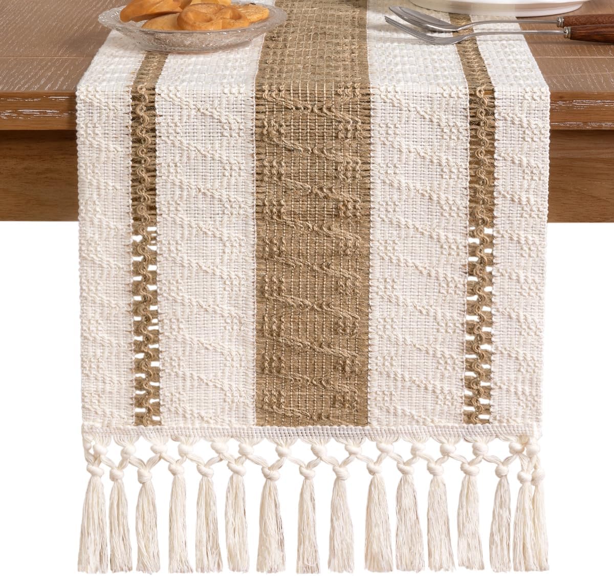 Boho Table Runner – Fall Thanksgiving Farmhouse Rustic, Macrame Woven Cotton Linen (Brown & Ivory) 12x48 Inch