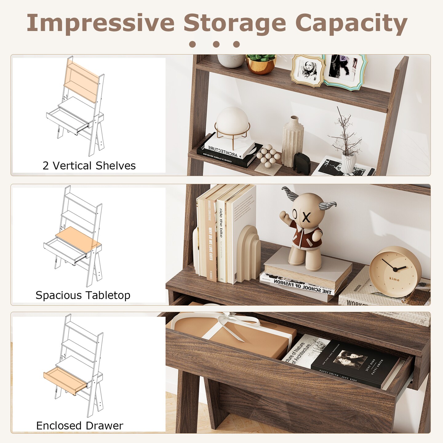 Costway Home Office Ladder Desk Wall-Leaning Laptop Workstation with Storage Shelves Natural/White/Walnut