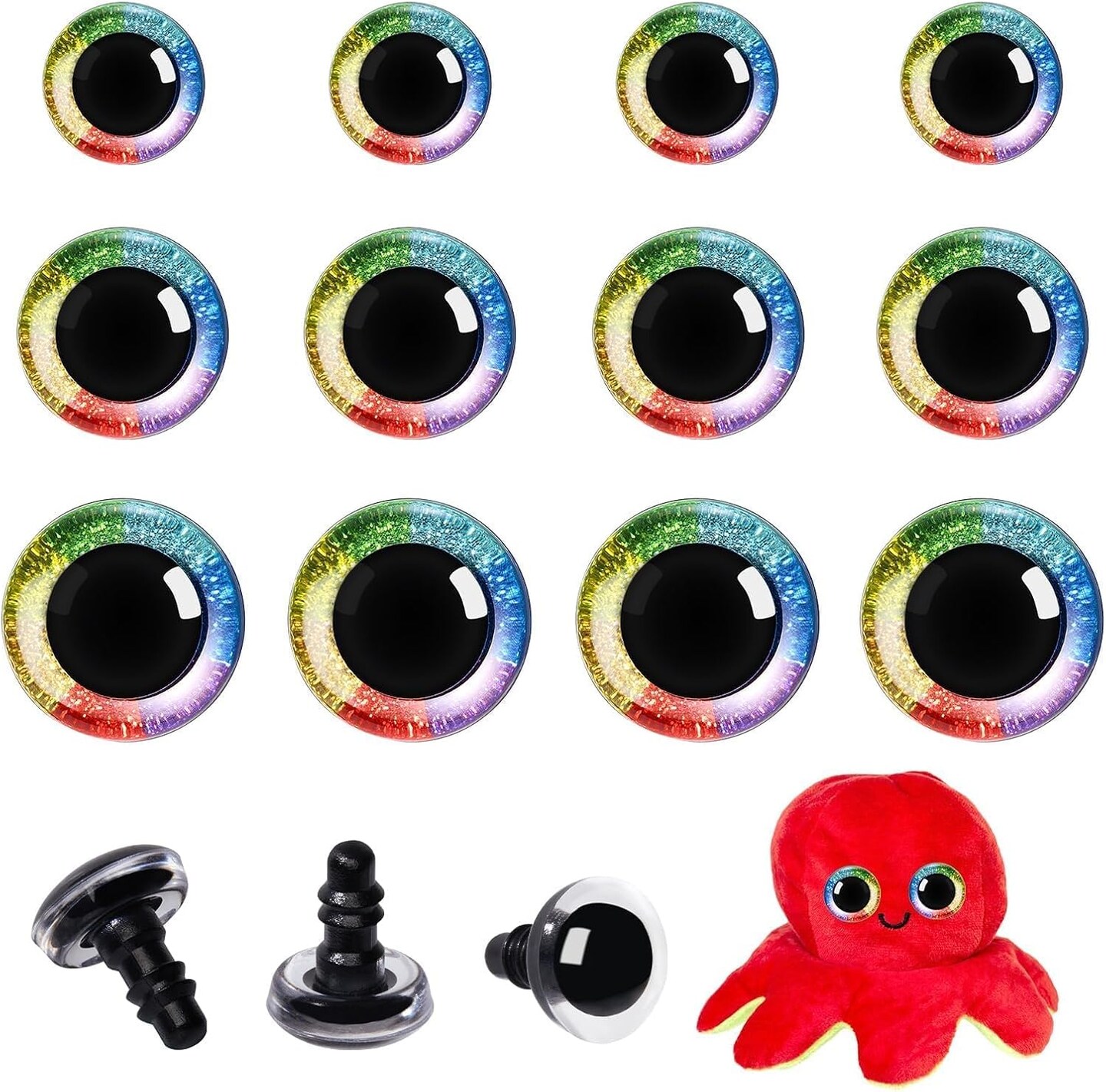 12pcs 3D Rainbow Glitter Safety Eyes for Crocheting – 20mm, 24mm, 30mm with Washers