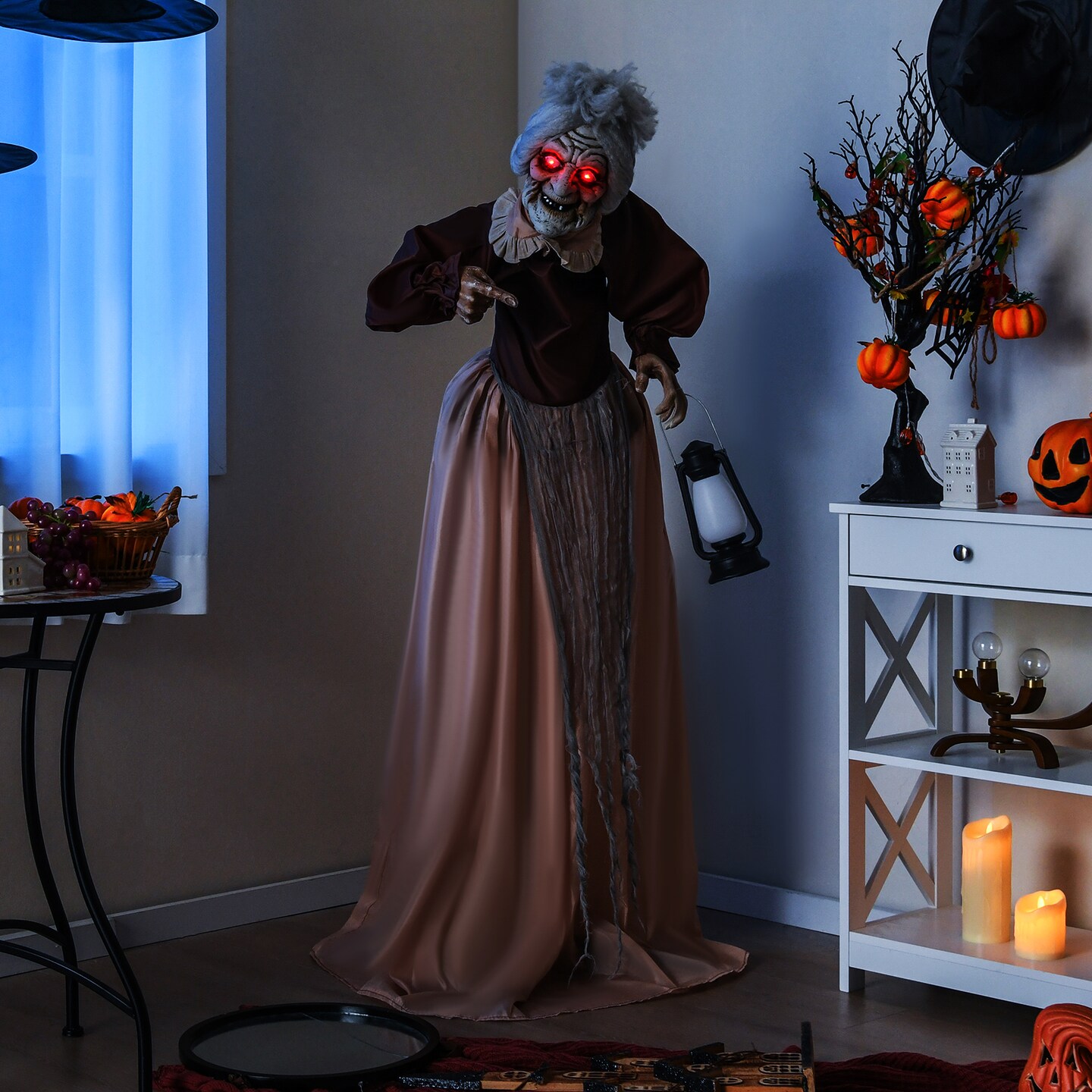 59" Life Size Halloween Animatronic Old Lady Prop with Motion Sensor Lights and Spooky Sounds