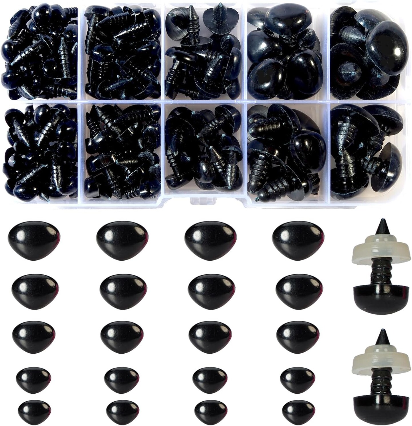280pcs Black Plastic Safety Noses – 5 Sizes with Washers for Amigurumi, Crochet Bears, Dogs, and Stuffed Animals