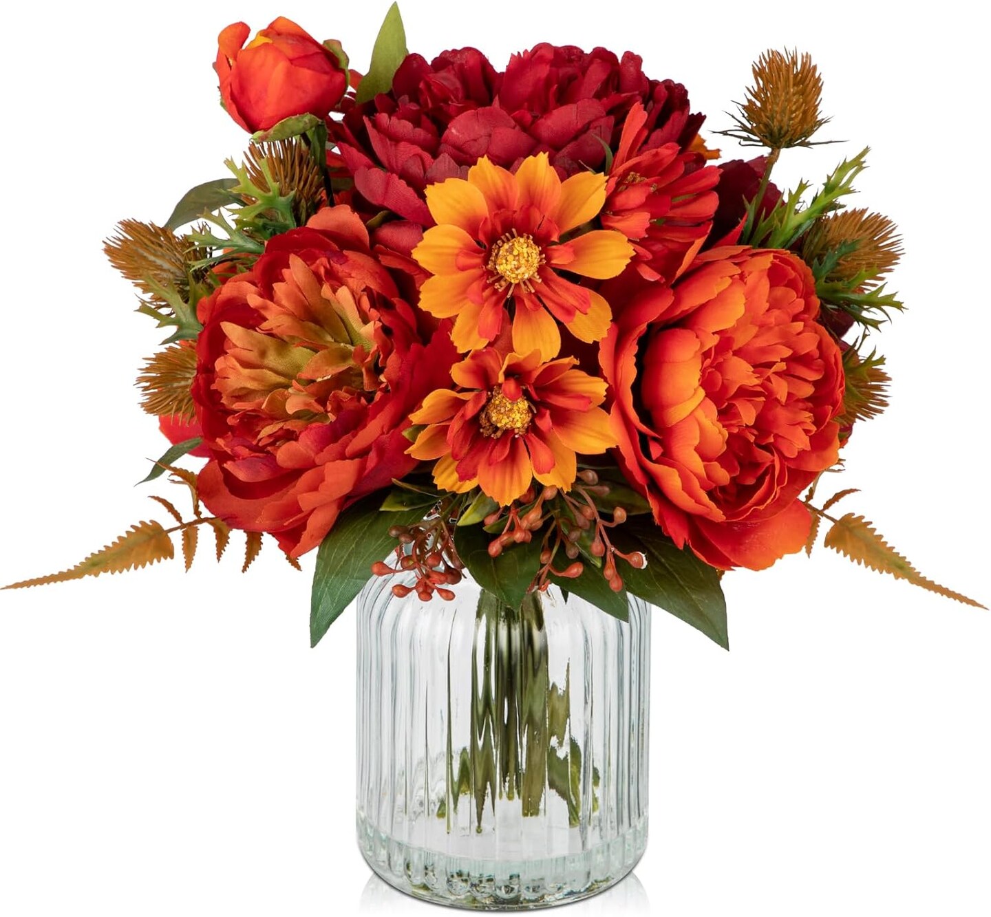 Peony Fake Fall Flowers in Vase Fall Table Centerpiece Faux Floral Arrangements Centerpiece Autumn Artificial Flowers with Vase Fall Flower Centerpieces for Tables Orange Silk Flowers in Vase