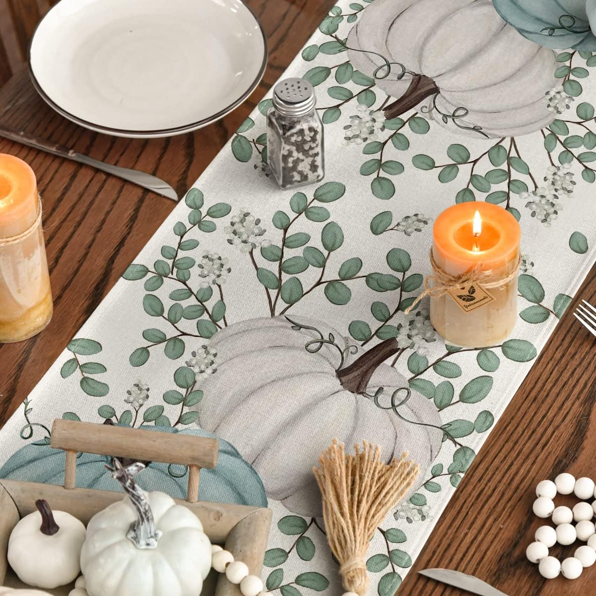 Pumpkins & Eucalyptus Leaves Fall Table Runner – Autumn Thanksgiving Kitchen Dining Table Decoration, 13x72 Inch