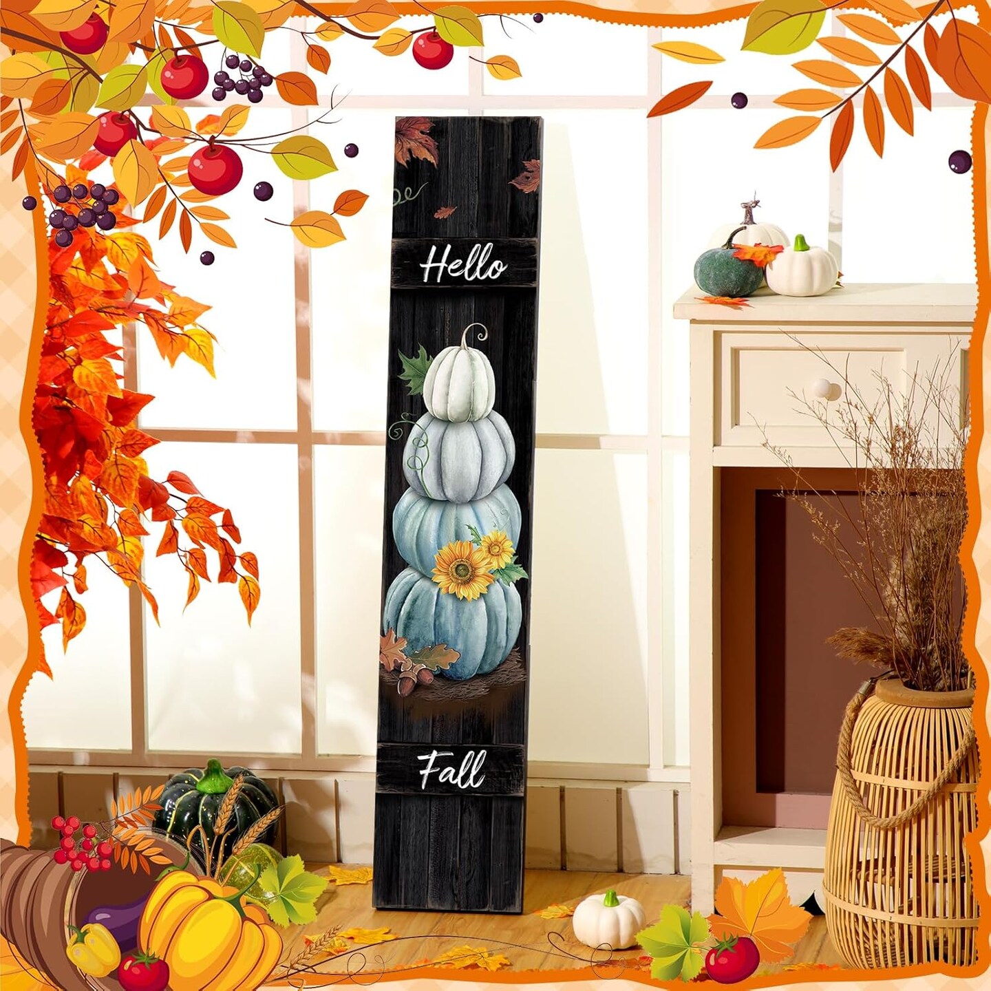 47-Inch Thanksgiving Fall Porch Sign – Hello Fall Pumpkin Wooden Vertical Hanging Decoration for Indoor/Outdoor Farmhouse Autumn Welcome (blue)
