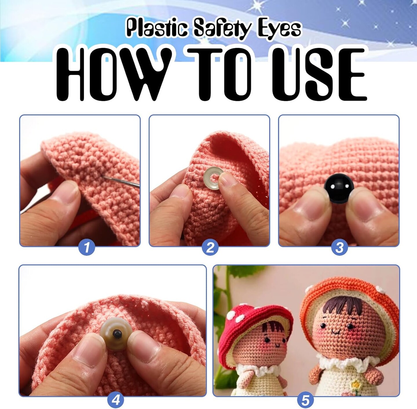 150PCS Large Safety Eyes for Amigurumi, 12mm-30mm Black Plastic Crochet Doll Eyes with Washers for Stuffed Animals, Bears & DIY Crafts