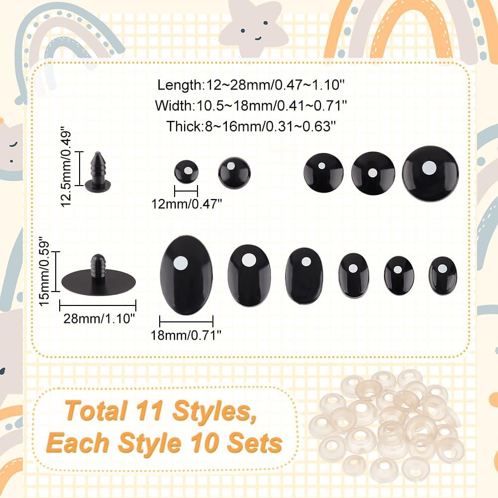 11 Styles Craft Eyes Black Stuffed Crochet Eyes Kawaii Eyes with 110PCS Washers, Oval/Flat Round