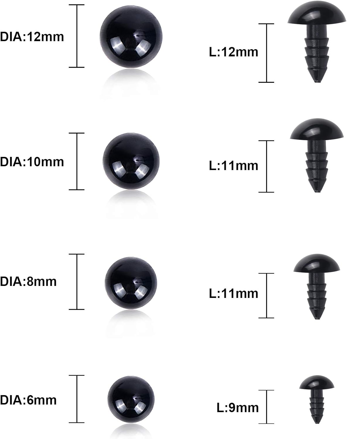 500-Piece Black Plastic Safety Eyes with Washers – 6mm–12mm (4 Sizes) for Crochet Dolls, Amigurumi & DIY Crafts