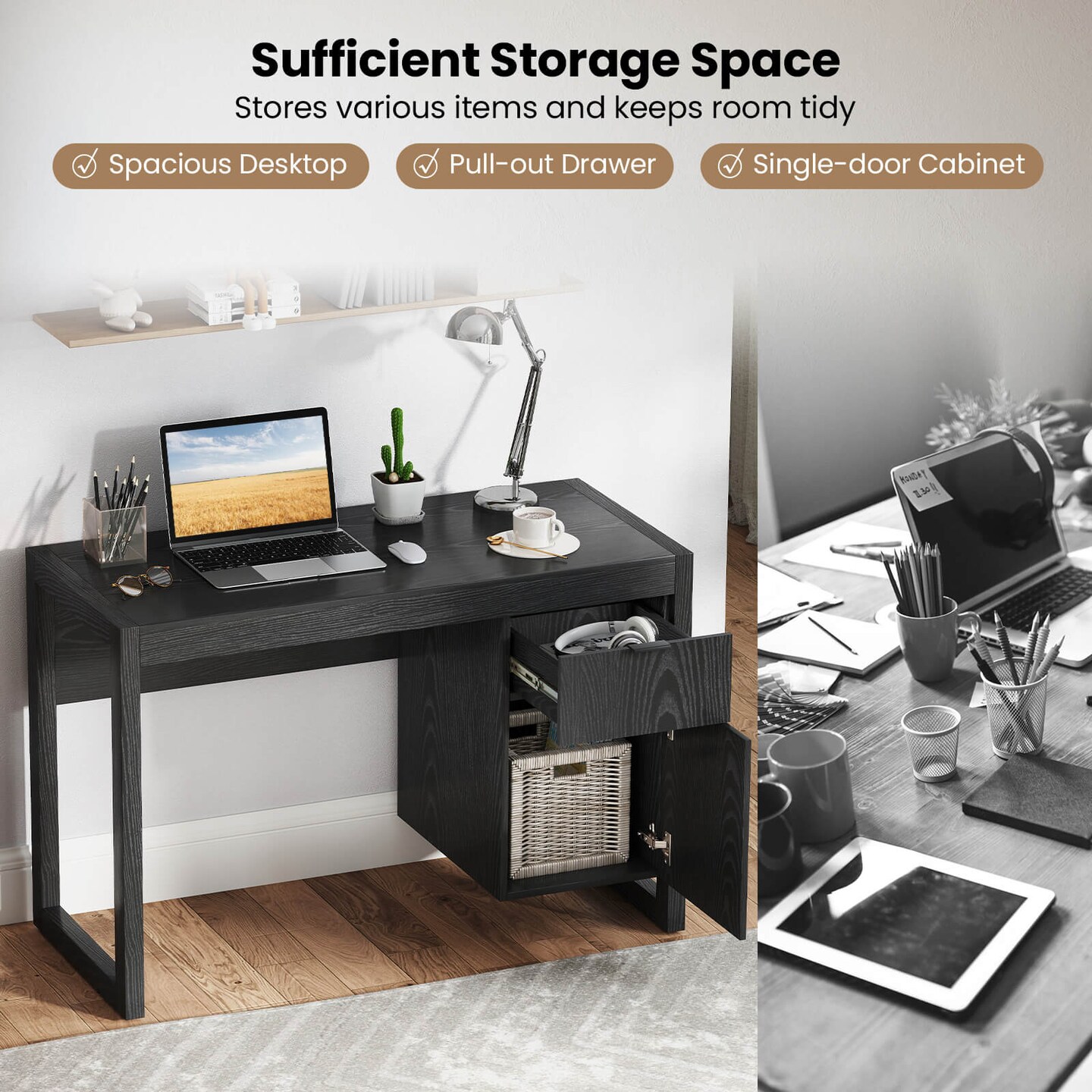 Costway Computer Desk with Storage Cabinet Pull-out Drawer Stable Thick Legs for Bedroom White/Black