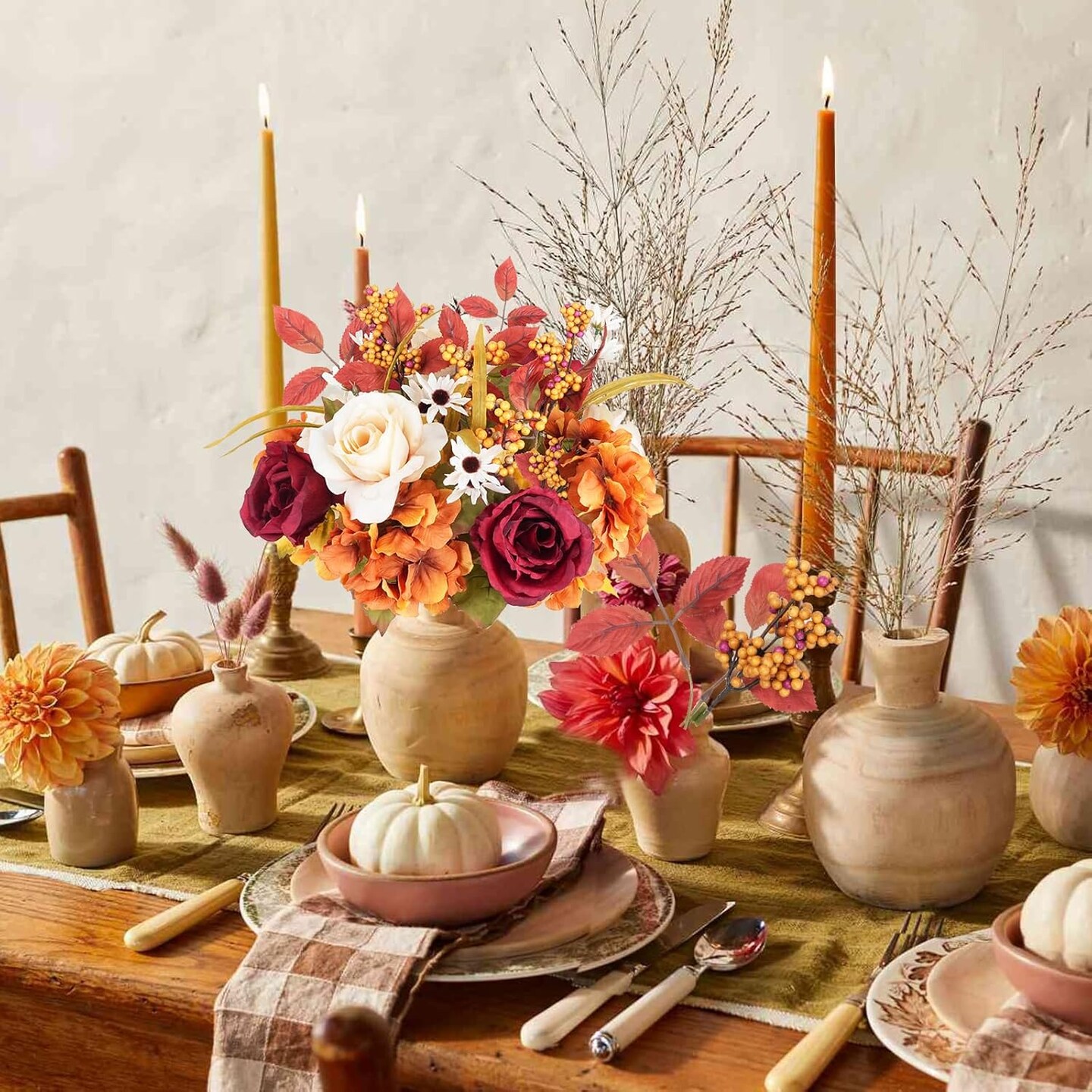 Artificial Fall Roses Large Silk Bouquets with Hydrangea