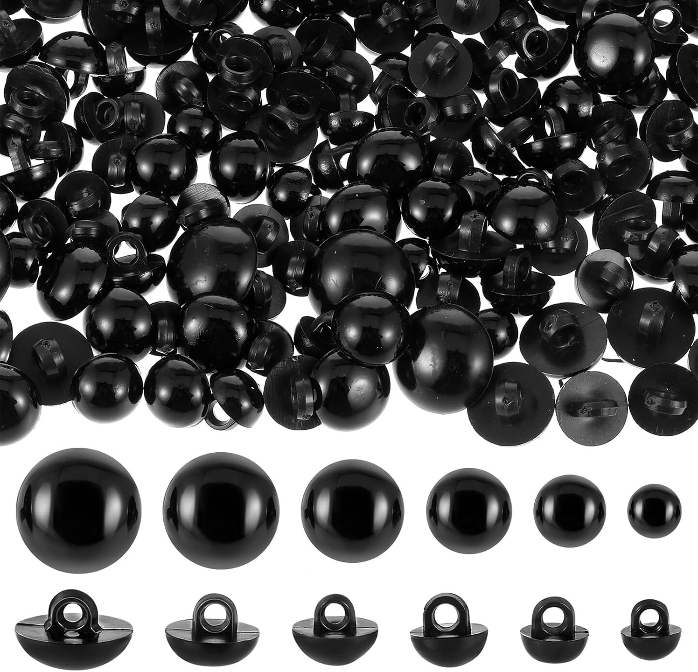 300PCS Sew-On Black Safety Eyes for Stuffed Animals, Domed Plastic Craft Eyes for DIY Amigurumi, Puppets, Dolls, Bears, and Plush Toys (7mm–15mm)