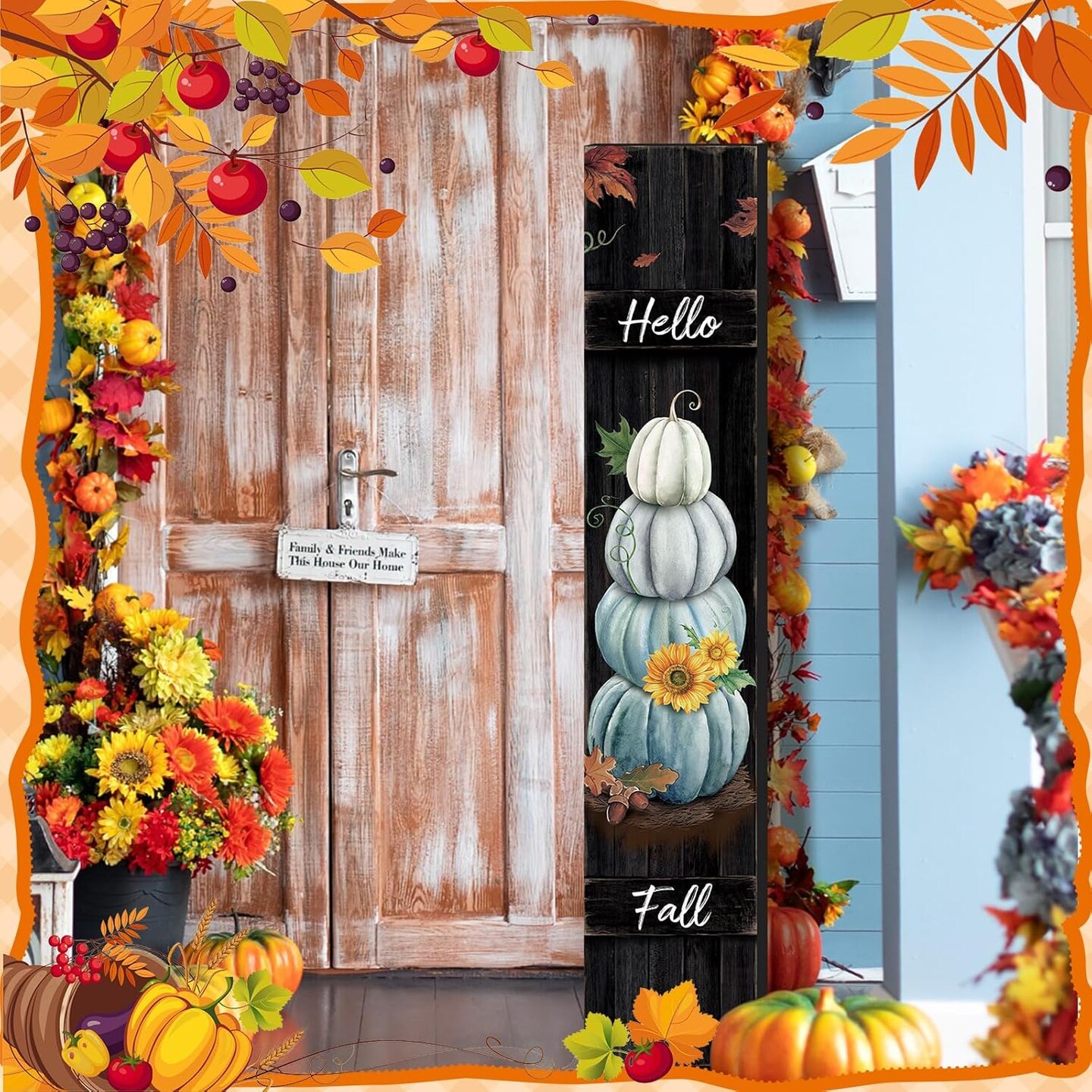 47-Inch Thanksgiving Fall Porch Sign – Hello Fall Pumpkin Wooden Vertical Hanging Decoration for Indoor/Outdoor Farmhouse Autumn Welcome (blue)