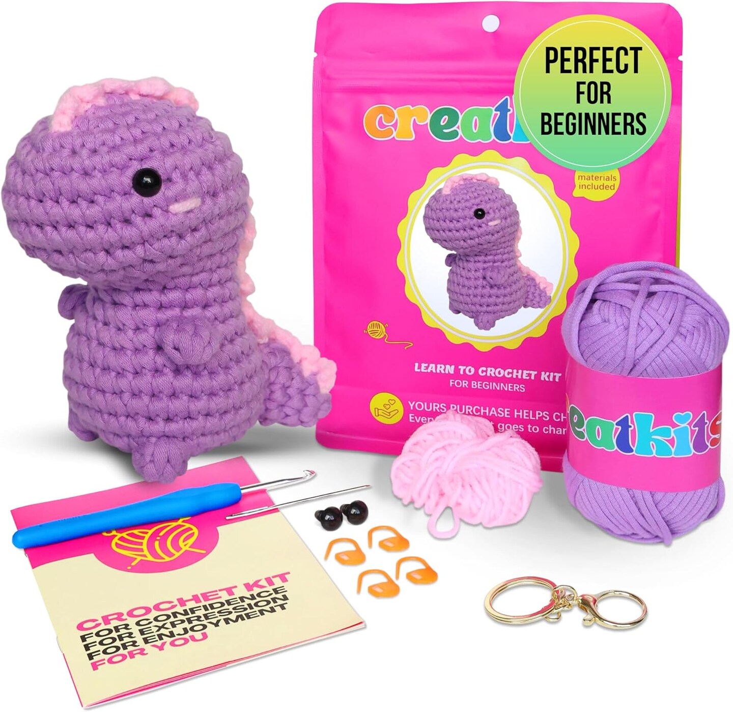 Crochet Kit for Beginners – Dinosaur | Easy DIY Crochet Animal Kit with Step-by-Step Video – Craft Set for Adults & Kids