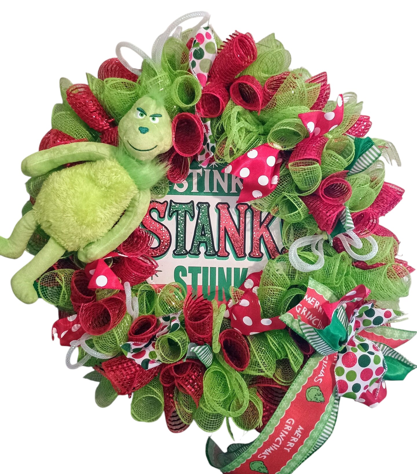 Grinch Christmas Wreath – 24” Mesh Wreath with “Ho Ho Ho” Sign