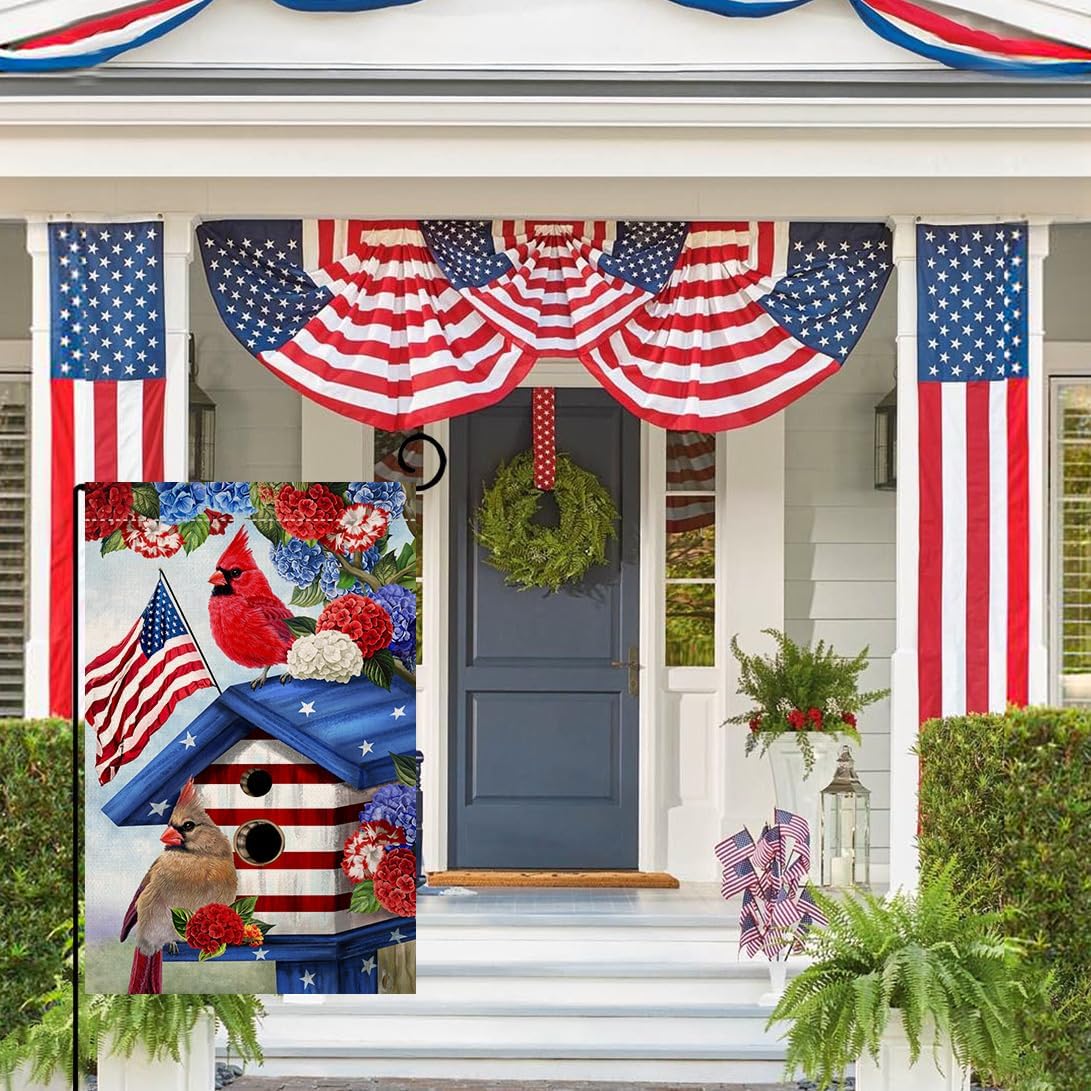 4th of July Cardinal Bird Garden Flag 12x18 Vertical Double Sided Red Blue Floral Memorial Day Independence Day Holiday Outside Decorations Burlap Yard Flag BW824