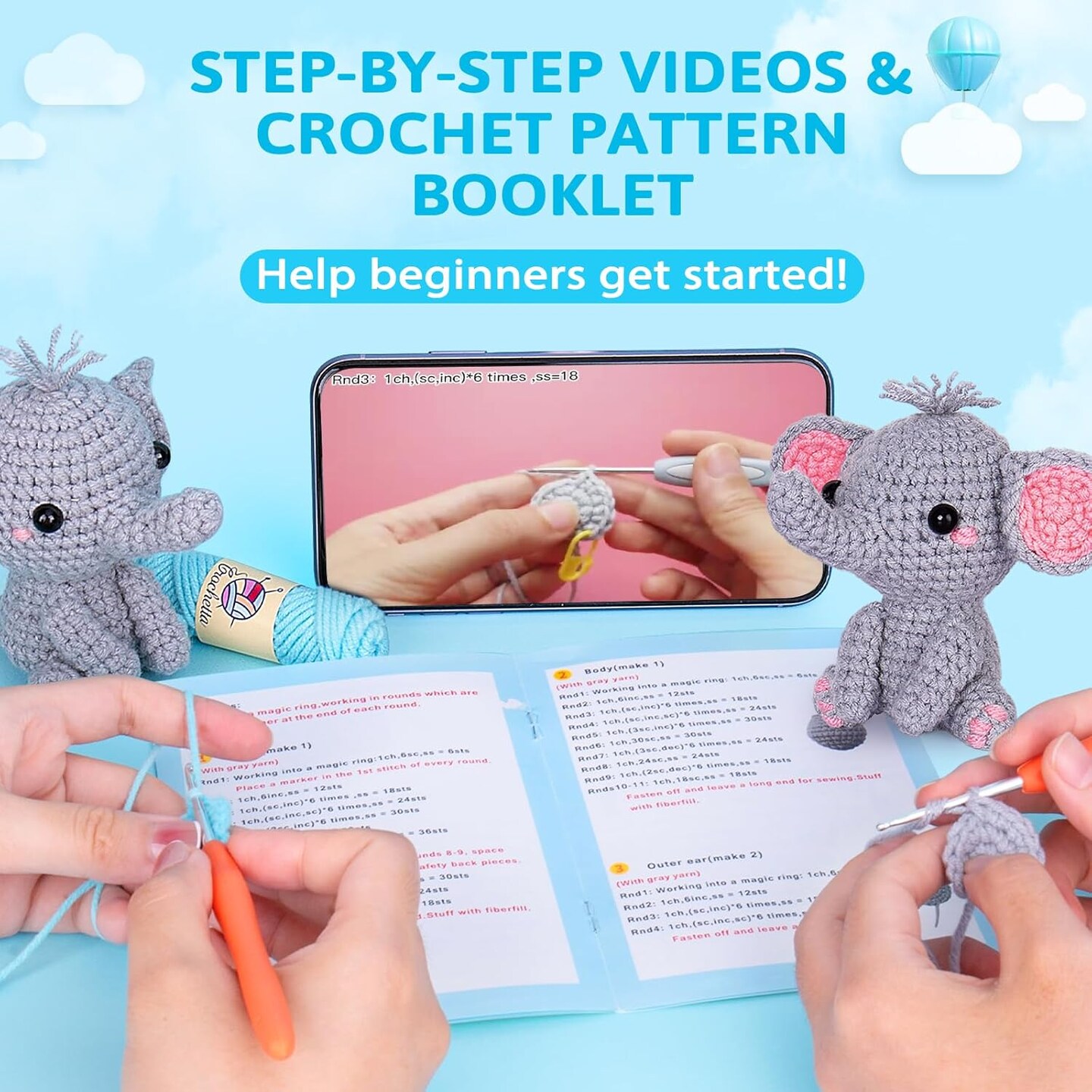 Crochet Kit for Beginners, Beginner Crochet Starter Kit with Step-by-Step Video Tutorials, Learn to Crochet Kits for Adults Kids