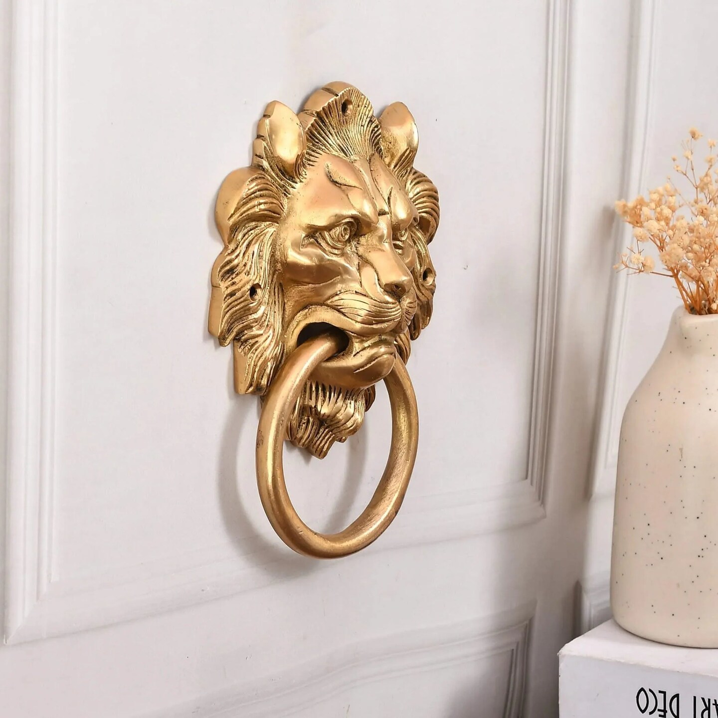 Lion Head Brass Door Knocker Authentic Vintage Unique Front Door Holder with Gold Finish Rare Solid Door Accessories for Home Decor Housewarming Gift