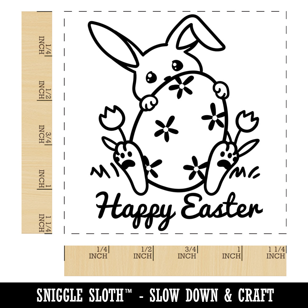 Happy Easter Tulips Bunny Hiding Behind Giant Egg Square Rubber Stamp for Stamping Crafting