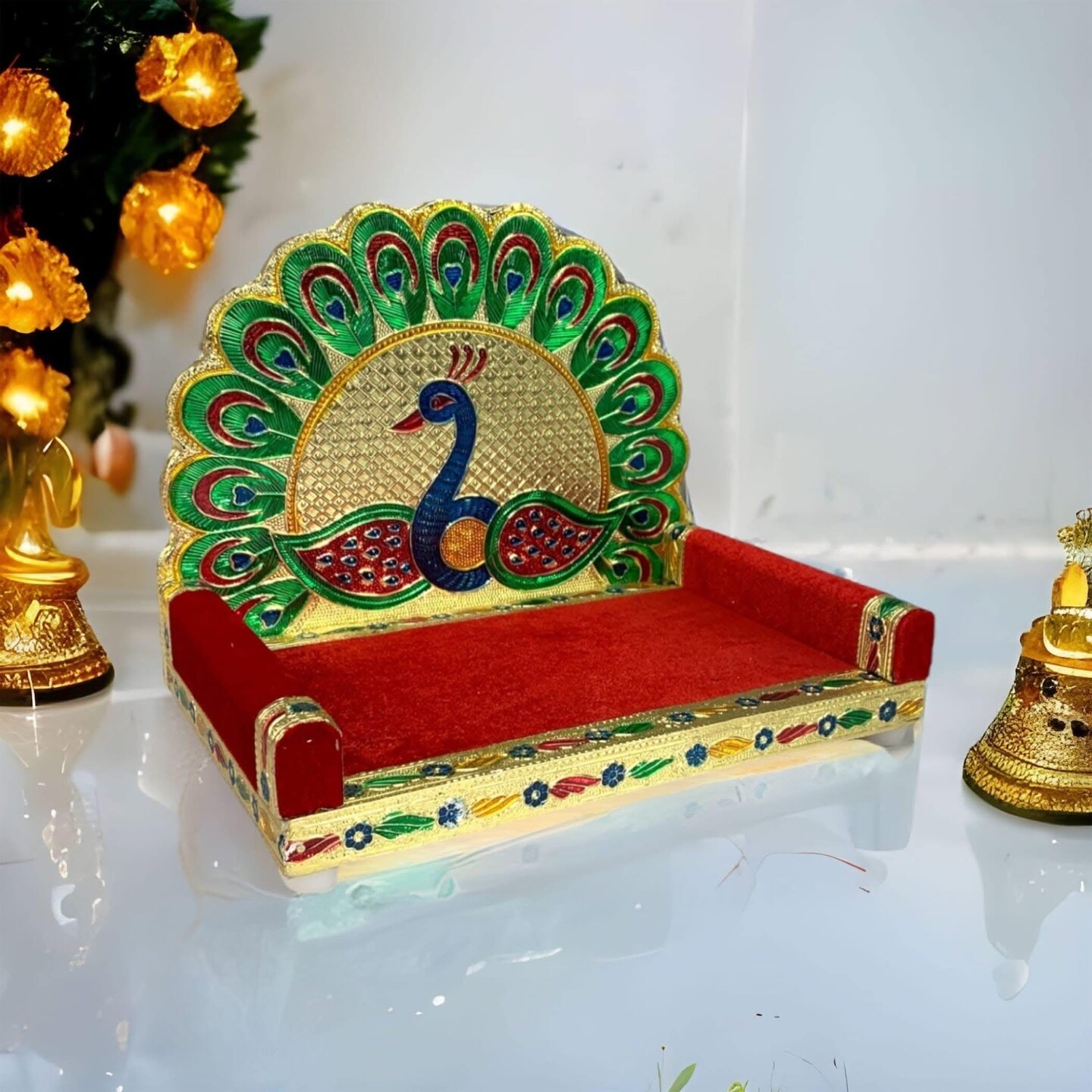 Wooden Laddu Gopal Sinhasan for Pooja Mandir Peacock Design Kanha Ji Singhasan Krishna Singhasan Aasan for All God Janamashtami Favor Meenakari Singhasan Housewarming Gift