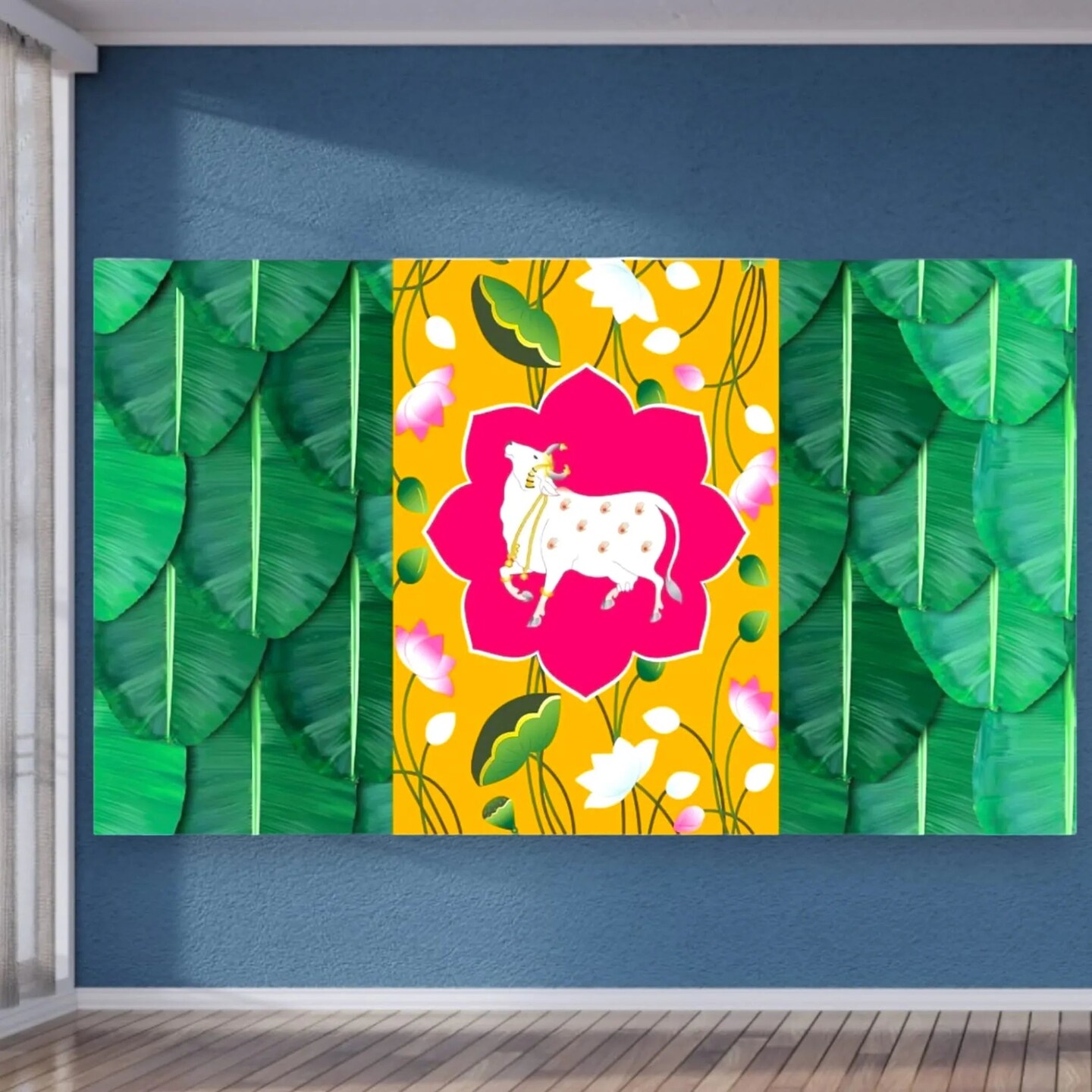 Pichwai Cow Print Backdrop 5x8 Feet Backdrop Indian Traditional Cloth Banana Leaf Decor Indian Pooja Wall Decor Indian Wall Art Photo Decor Banner Decorative Pooja Cloth Wedding Favor