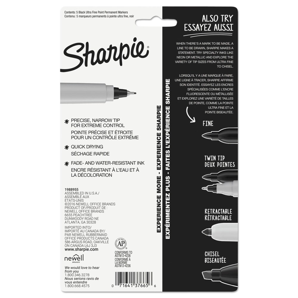 Sharpie Permanent Marker - Ultra-Fine Needle Tip/Black (5/Pack)