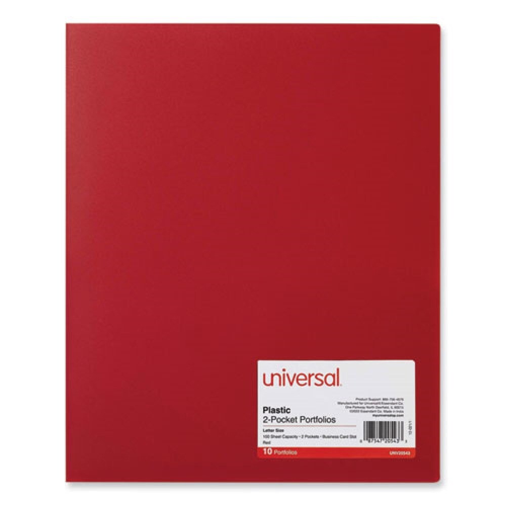 Universal 100-Sheet Capacity 11 in. x 8.5 in. 2-Pocket Plastic Folders - Red (10/Pack)