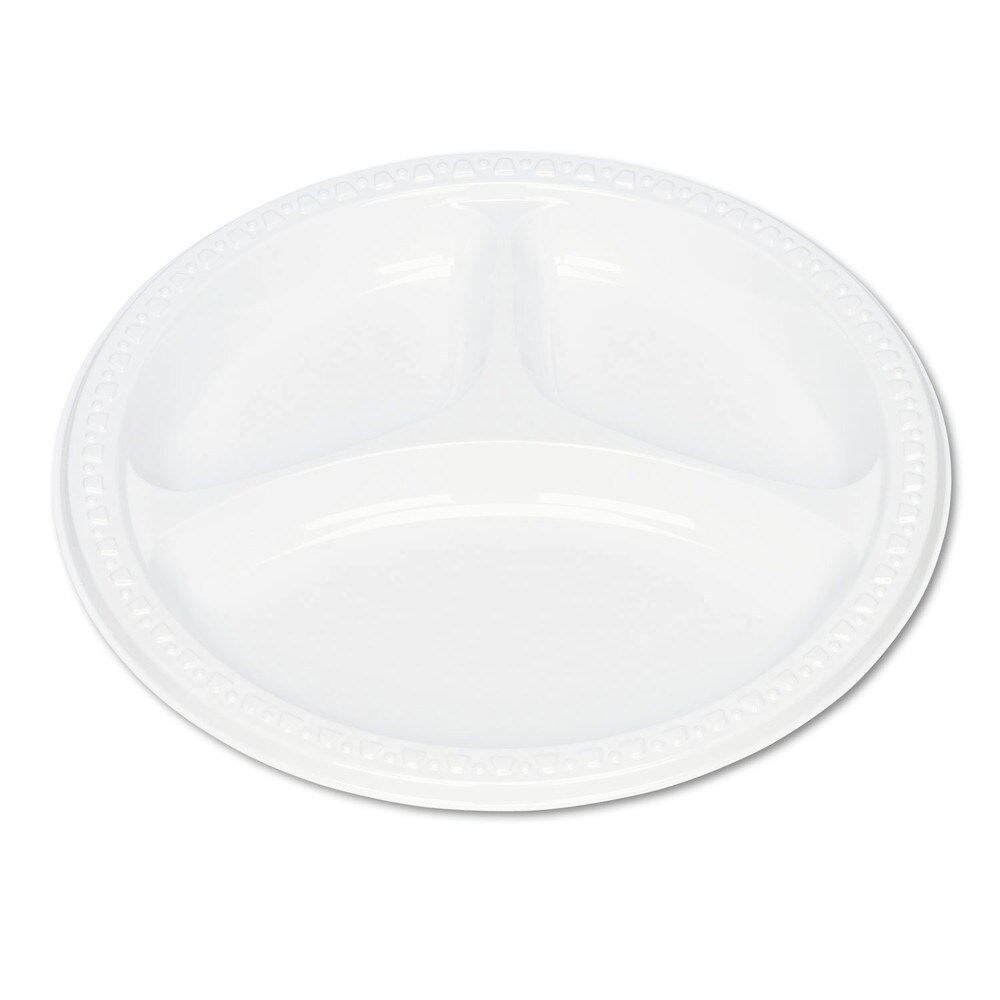 Tablemate Plastic Dinnerware, Compartment Plates, 9" Dia, White, 125/pack