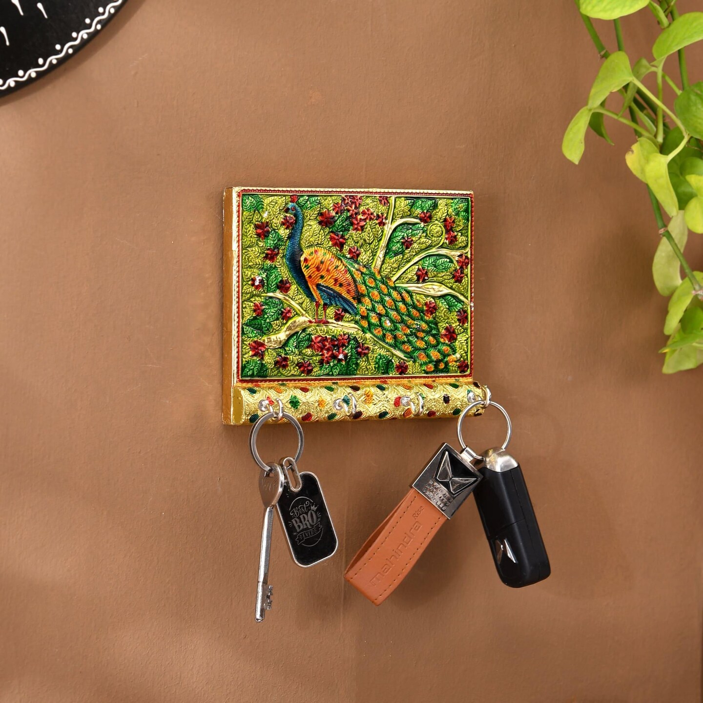 Peacock Design Frame Wall Key Holder for Wall Decorative, Hand Crafted Wall Hooks for Hanging Stylish Key Stand Home Office Decor Housewarming Gift Key Organizer with 4 Hooks (pack of 1)