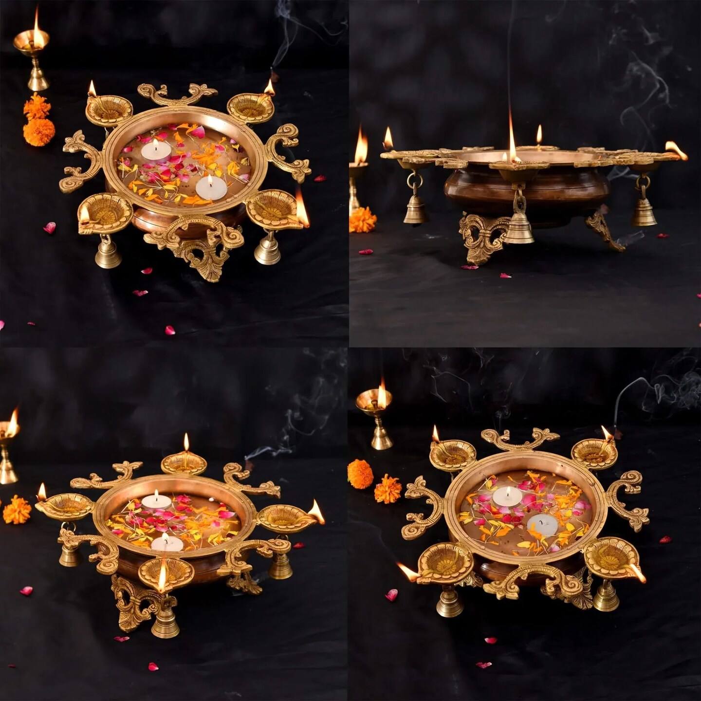 LOVENSPIRE Brass Urli Bowl with Diya Bells 13" Flower Decorative Urli Bowls for Floating Flowers Tea Light Candles Home Office Table Diwali Decor Indian Ethnic Showpiece (4 Diya)