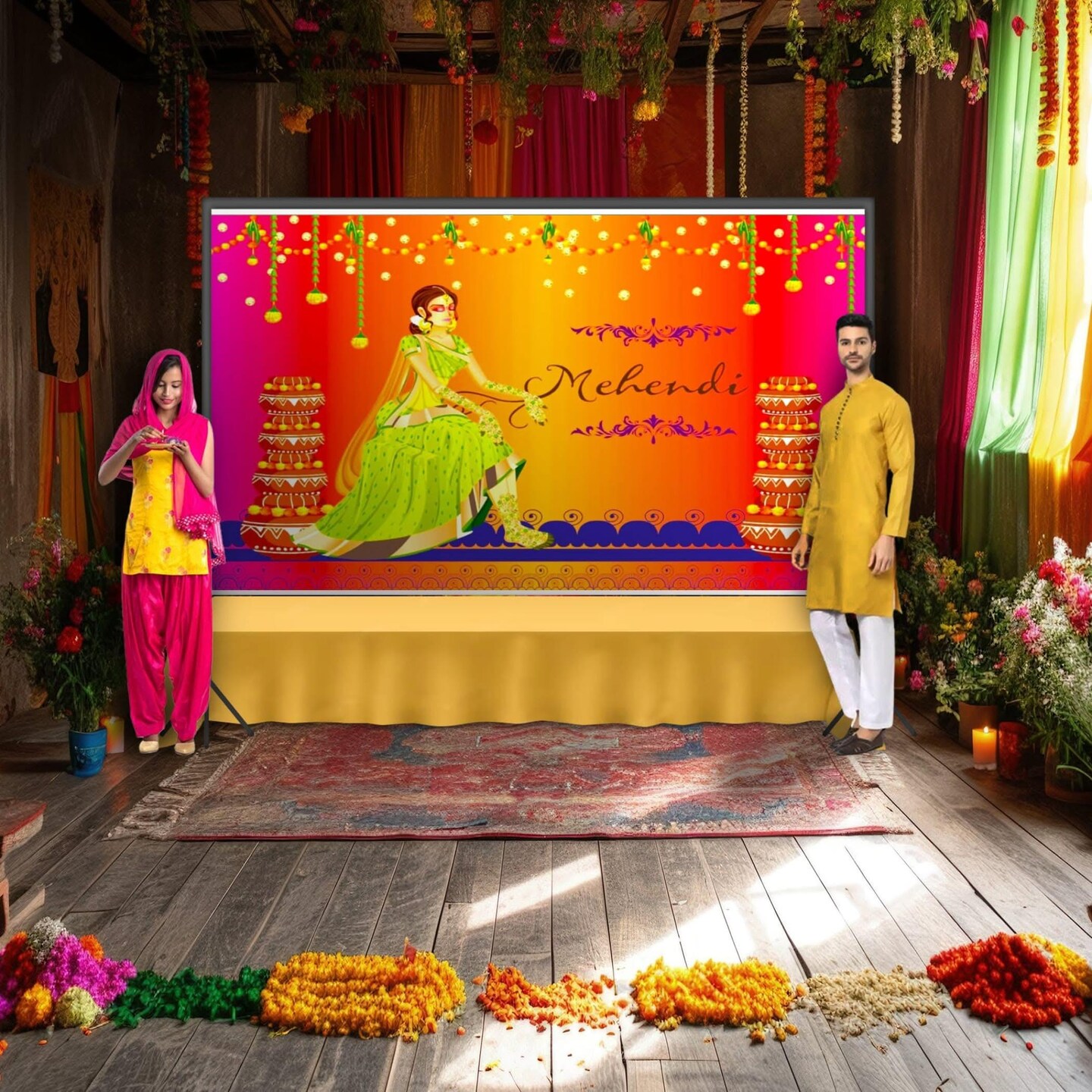 Mehendi Ceremony Backdrop Indian Traditional Cloth 5x8 Feet Backdrop Mehendi Banner Indian Wall Art Photo Decor Banner Indian Wedding Backdrop Decorative Mehendi Stage Cloth