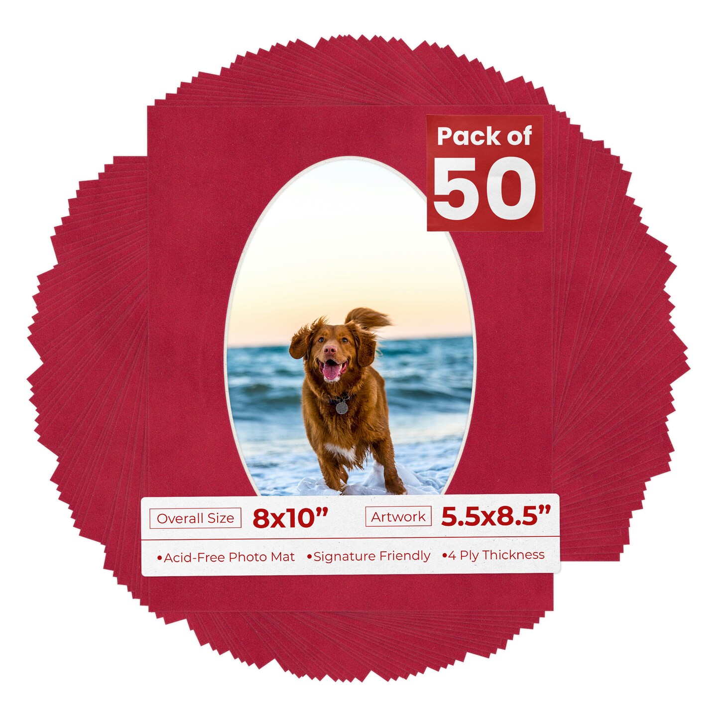 Red Suede Mat Board for 8x10 Frames - Oval Opening for 5.5x8.5 Photos