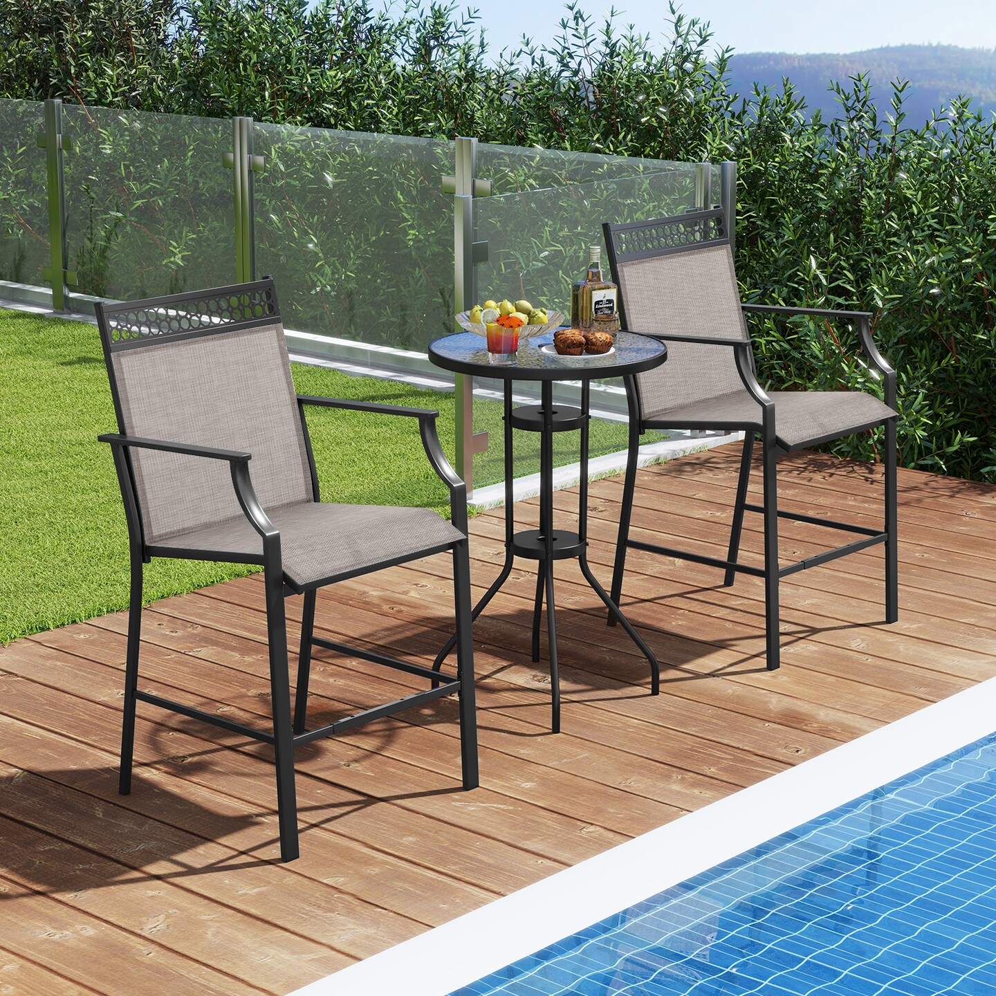Set of 2 Outdoor Counter Bar Stools Heavy-Duty Metal Frame with Footrest