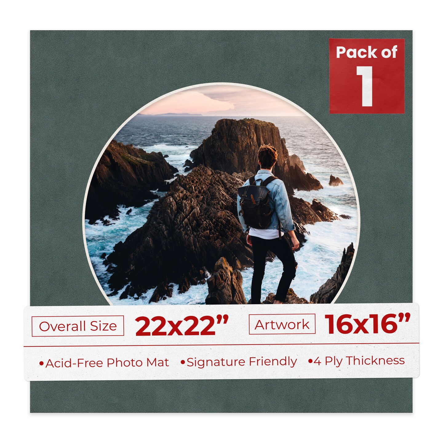 Dark Grey Suede Mat Board for 22x22 Frames - Circle Opening for 16x16 Photos