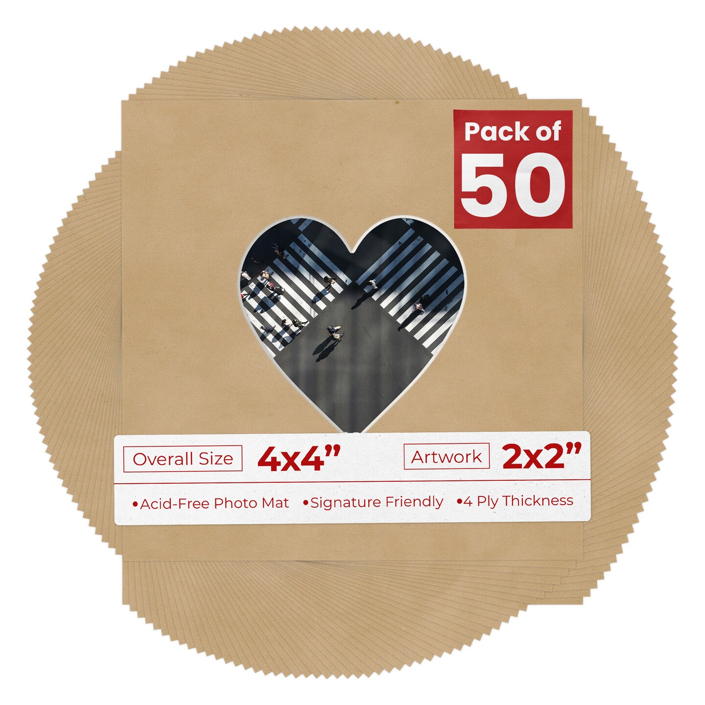 Beige Suede Mat Board for 4x4 Inch Frames - Heart Opening for 2x2 Photos