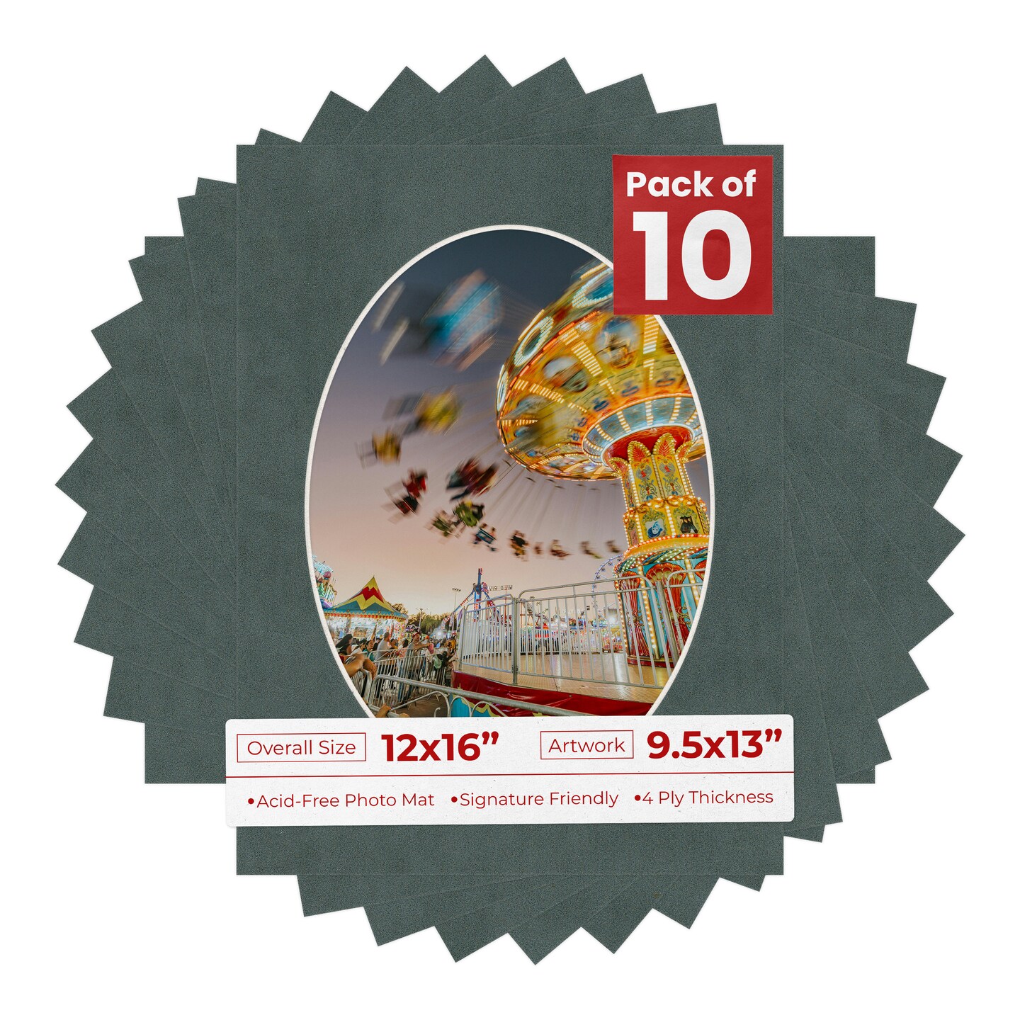Dark Grey Suede Mat Board for 12x16 Frames - Oval Opening for 9.5x13 Photos