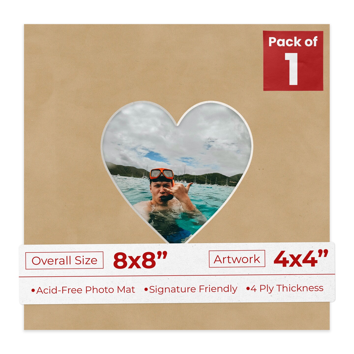 Beige Suede Mat Board for 8x8 Frames - Heart Opening for 4x4 Photos