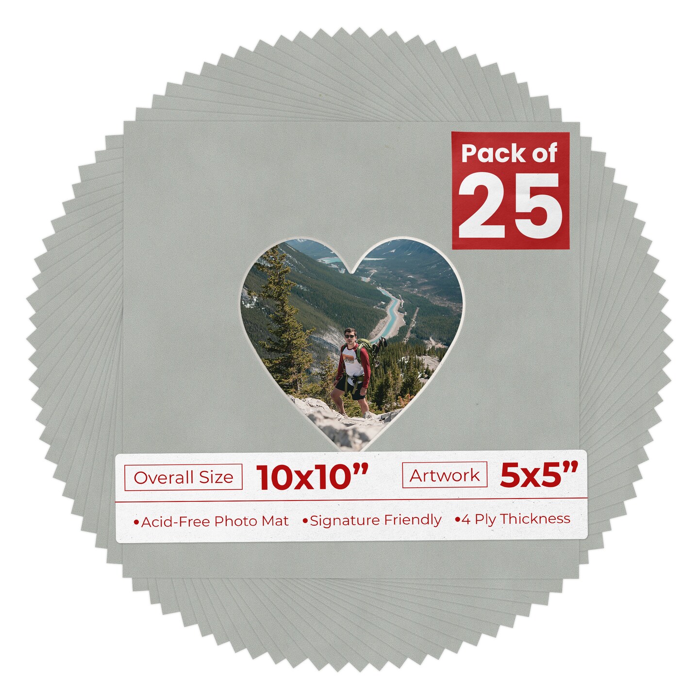 Light Grey Suede Mat Board for 10x10 Frames - Heart Opening for 5x5 Photos