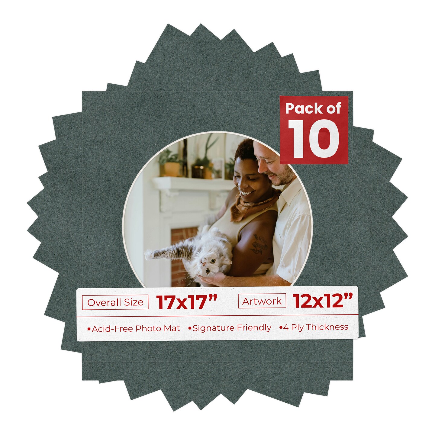 Dark Grey Suede Mat Board for 17x17 Frames - Circle Opening for 12x12 Photos
