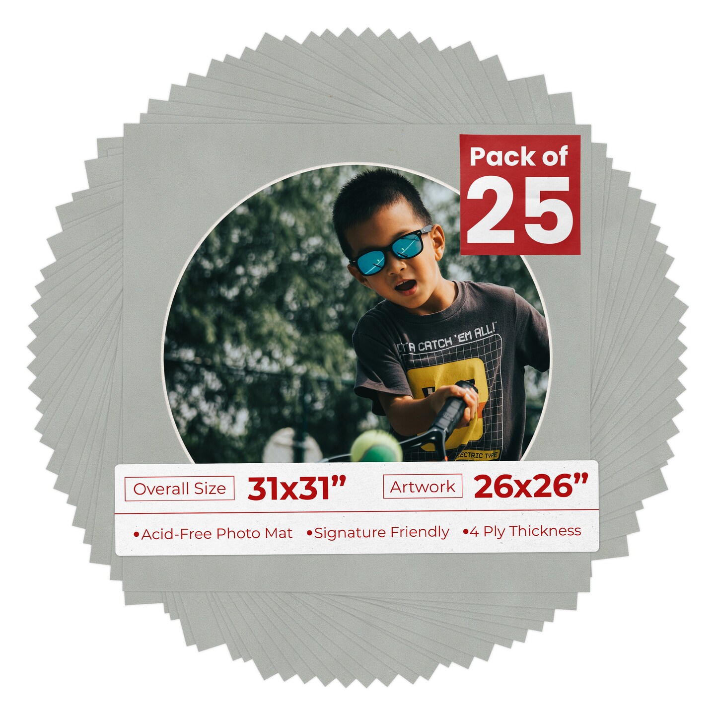 Light Grey Suede Mat Board for 31x31 Frames - Circle Opening for 26x26 Photos