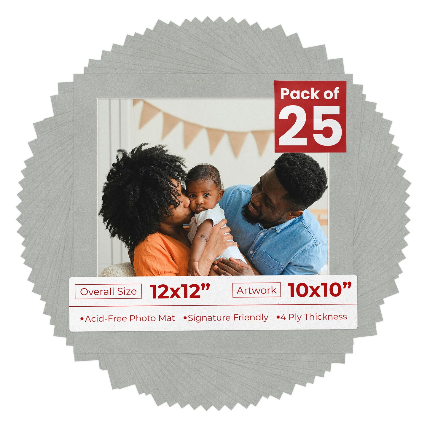Light Grey Suede Mat Board for 12x12 Frames - Fits 10x10 Photos