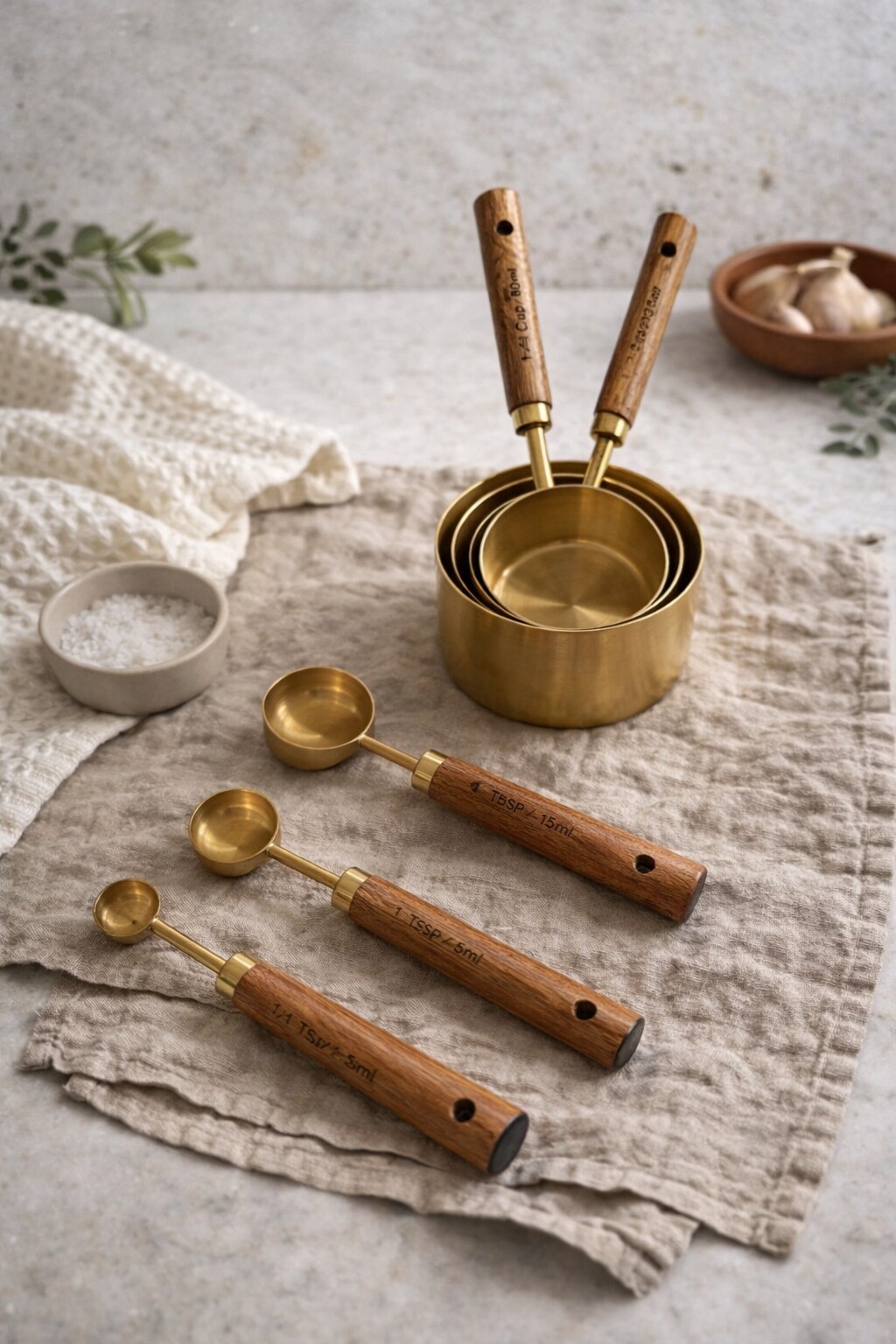 Acacia Wood & Gold Measuring Cups & Spoons Set of 8 – Stylish and Functional